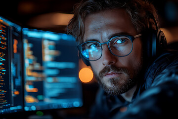 Focused developer working on a computer in a modern workspace, writing code and managing digital tasks, representing productivity and tech expertise