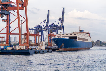 Poster - Bosphorus harbor with cargo ship and cranes working during a cloudy day