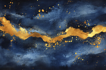 abstract navy blue and gold watercolor painting with gold leaf details