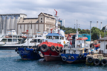 Aufkleber - Bosphorus harbor view with colorful tugboats and nearby industrial buildings during a cloudy day