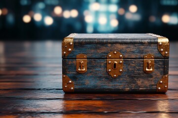 Poster - A 3D-rendered treasure trunk overflowing with magical artifacts, glowing softly in dim light