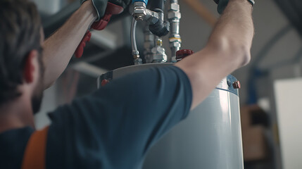 Wall Mural - Plumber installing a water heater. Featuring plumbing installation and expertise