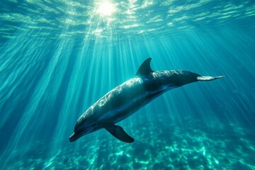 Poster - A Delphinus (mythical golden dolphin) swimming through an enchanted sea, leaving trails of magical light