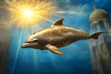 Poster - A Delphinus (mythical golden dolphin) swimming through an enchanted sea, leaving trails of magical light
