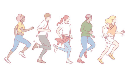 A colorful illustration of diverse people joyfully participating in a fun run, dressed in trendy athletic attire