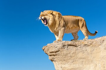 Poster - A majestic Panthera (big cat) roaring on a rocky cliff at sunrise, its golden fur glowing in the morning light