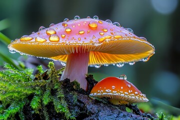 Poster - A tiny mushroom glowing with dew at sunrise, reflecting golden light