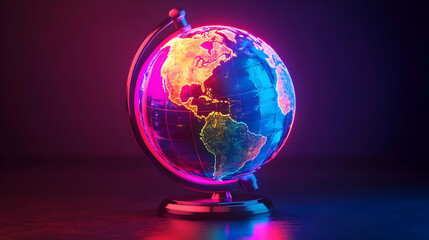 illuminated globe with pink and blue neon lights shining on its surface showing continents in a dark
