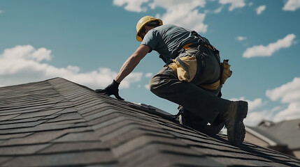 Wall Mural - Roofing contractor repairing shingles on a residential home. Precision and protection