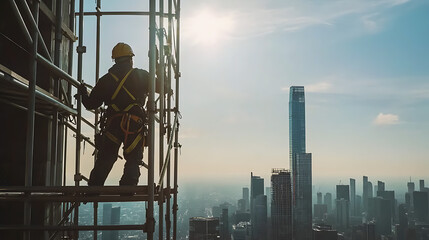 Wall Mural - Scaffolder installing safety rails on a tall building. Safety and precision