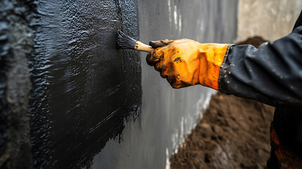 Wall Mural - Waterproofing technician sealing foundation walls with protective coating. Endurance and resilience