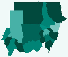 map of sudan with regions. just a simple country border map with region division. teal color palette