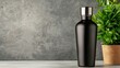 © Sonthana - cocktail shaker concept. Black water bottle next to a potted plant against a textured background.