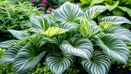  Vibrant green and white hosta foliage in summer