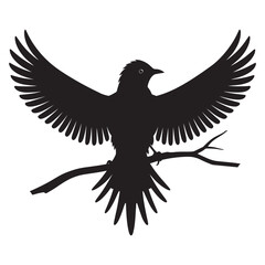 bird silhouette isolated vector, a small bird is standing on a branch with spread wings vector desig