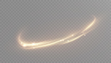 Fototapete - Golden curved light trails with orange glow effect on transparent background. Vector for dynamic graphics, digital overlays, holiday designs or dynamic glowing backgrounds.