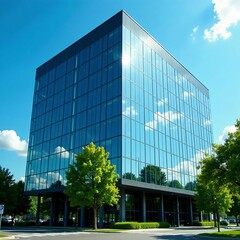 modern glass office building reflecting blue sky surrounded by green trees, lush, reflection, modern