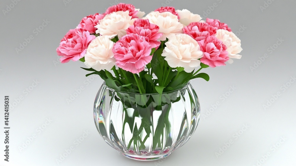 Pink and white carnations in a clear vase.  A beautiful bouquet of pink and white carnations arranged in a clear glass vase.  The flowers are vibrant and full, creating a lovely floral display