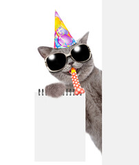 Aufkleber - Happy cat wearing party cap blows in party horn and looks from behind empty white banner and shows blank notepad. isolated on white background