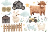 Cute farm animals, barn, hay, tractor, and fence illustrations.