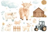 Cute farm animals, barn, tractor, and hay.