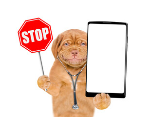 Aufkleber - Mastiff puppy wearing like a doctor with stethoscope on his neck showing stop sign and big smartphone with white blank screen in it paw. isolated on white background