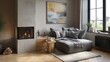 © Constantinos - Cozy living room with a modern fireplace, gray sectional sofa, and abstract art. Warm, inviting atmosphere.
