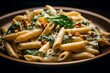 © Baba Images - close up of a healthy whole wheat pasta with gorgonzola sauce,spinach and walnuts