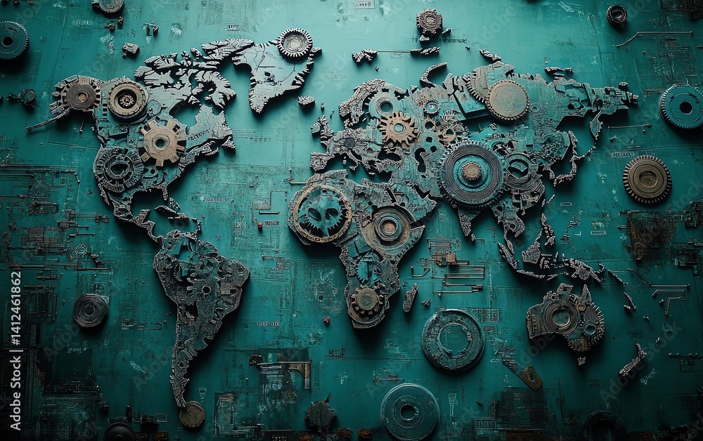 Jammed Cogs mechanical world map with moving cogs stuck between regions Stock ...