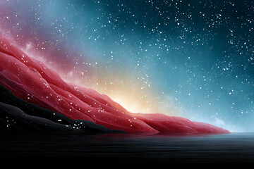 Wall Mural - Red hills under a starry, nebula-filled night sky
