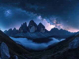 Wall Mural - A majestic mountain range silhouetted against a star-filled sky, with the Milky Way arching overhead and a river of fog flowing through the valley