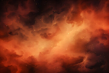 orange nebula cloud in deep space with fiery glow and starfield backdrop creating abstract cosmic sc