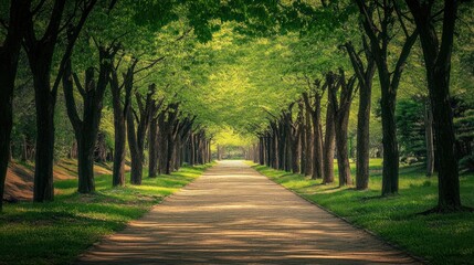  Enchanting Path Through a Lush Green Tree-Lined Avenue in Serene Park