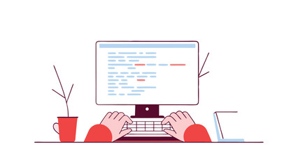 developer coding at desk on white background with code