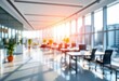 © Sanook - Soft focus, sunlit modern office with panoramic windows, blurred details, corporate, bright
