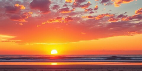 Wall Mural - golden sun dips below horizon, painting beach sky vibrant orange and purple, evening, sky