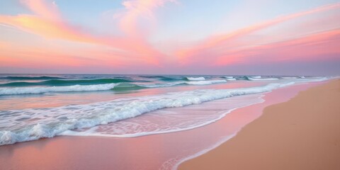 Wall Mural - soft pink sunset hues paint the sky above gentle waves lapping a pristine sandy beach, water, relaxa