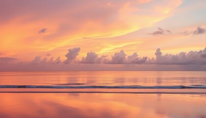 Wall Mural - peach and lilac dawn sky reflected in calm ocean; soft clouds, tranquil beach, view, fluffy