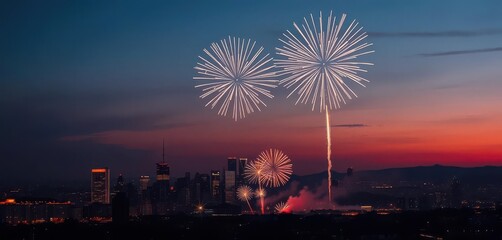 Wall Mural - vibrant fireworks explode over a silhouetted city at dusk, illuminating the twilight sky, display, d