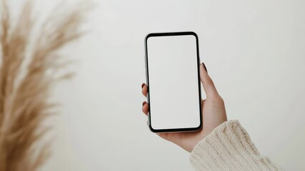 Wall Mural - woman hand holding modern smartphone with blank white screen isolated on white background with decor