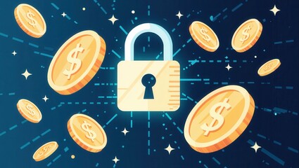 Poster - Digital padlock surrounded by coins, symbolizing security and finance.