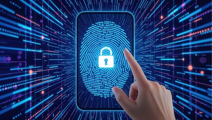 Aufkleber - Digital fingerprint scanning on a smartphone with a secure lock icon.