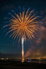 Wall Mural - fireworks in the sky above a lake with a city in the background
