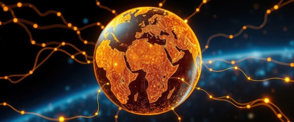 Wall Mural - golden data streams connecting a dark earth globe, connectivity, abstract