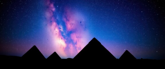 Wall Mural - silhouetted pyramids against a vibrant, star-studded night sky, mysterious, constellation