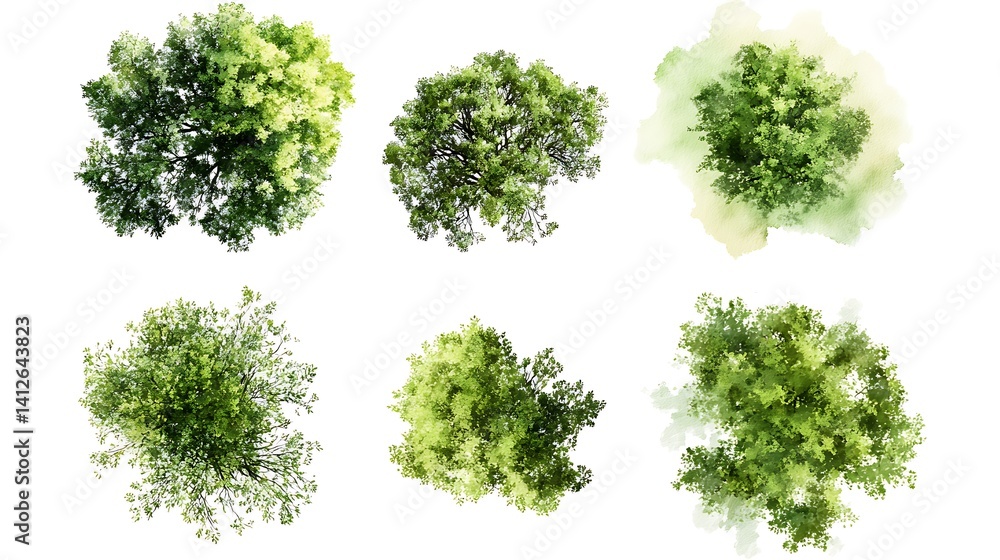 Tree Layout Layout Watercolor trees plan map aerial layout forest foliage green top view ...