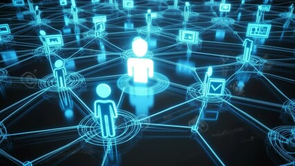 Wall Mural - digital connectivity web: an eye-level, neon-lit depiction of interconnected digital figures and ico