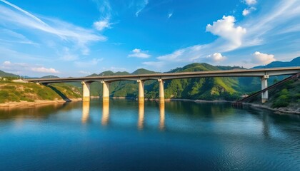 Wall Mural - modern concrete bridge spans lam pao dam, scenic backdrop, panorama, sun