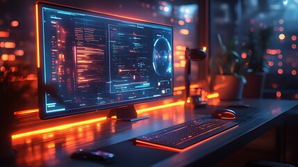 Programmer coding futuristic interface, night office