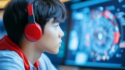 Asian man programmer with red headphones focusing on code displayed on computer screen